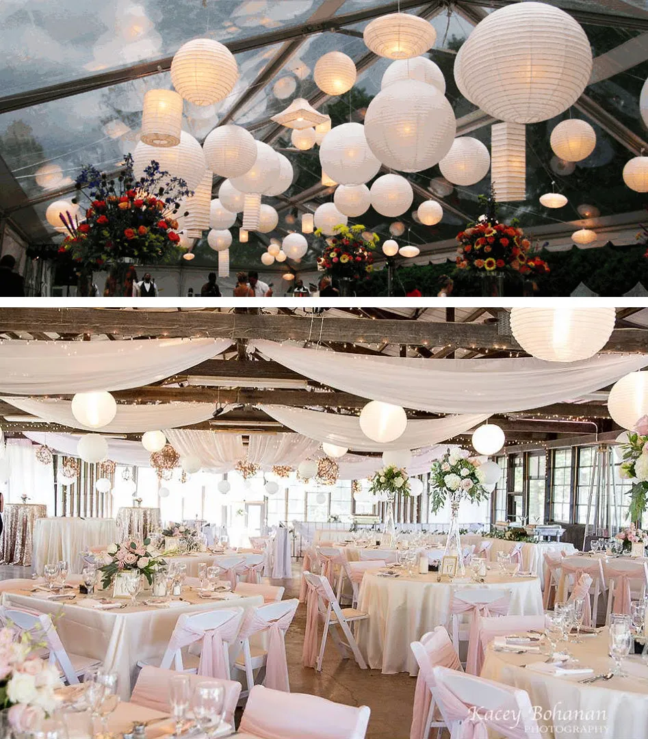 16" Beige / Ivory Round Paper Lantern, Crisscross Ribbing, Chinese Hanging Wedding & Party Decoration