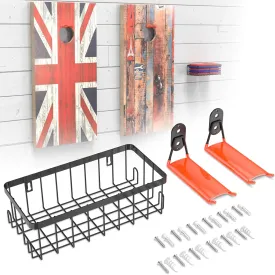 2 Set Cornhole Boards Hanger with Sandbag Storage Basket, Steel Heavy Duty Cornhole Accessories Wall Mount for Cornhole Board Games Holder Storage