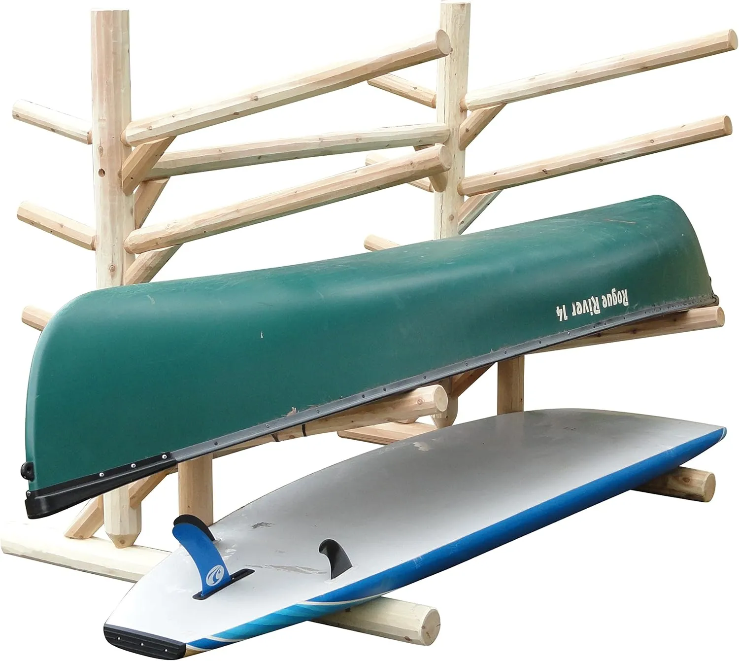 4-Place Low One-Sided Rack for 2 SUP, 2 Kayak/Canoe with Pegs, Surfboard & Canoe Rack, Dock Kayak Stand, Outdoor Garage Storage Rack for Kayaks, Canoes, Paddle Boards - Unfinished