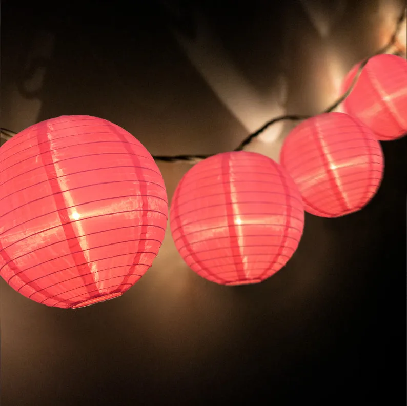 4" Hot Pink Round Shimmering Nylon Lantern Party String Lights (8FT, Expandable)