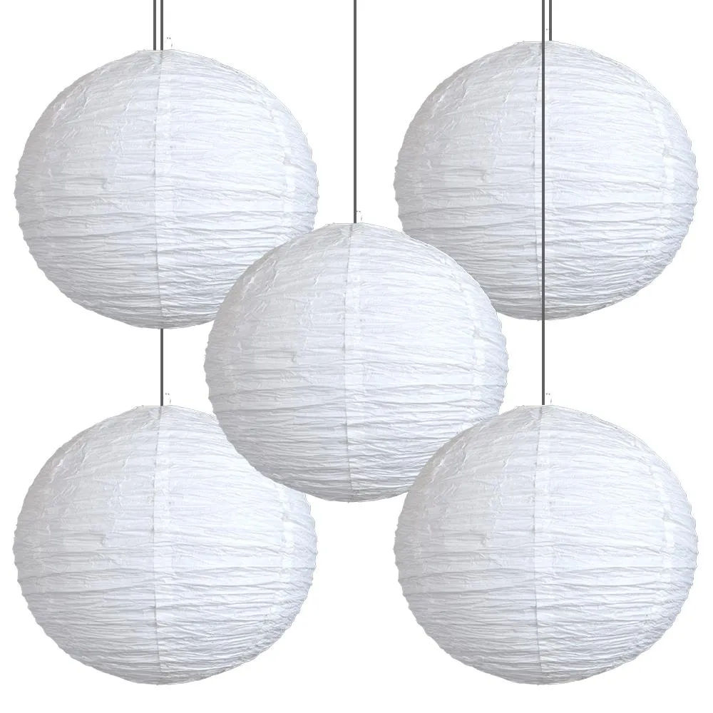 5 PACK | 12 Inch White Parallel Ribbing Round Crepe Paper Lanterns