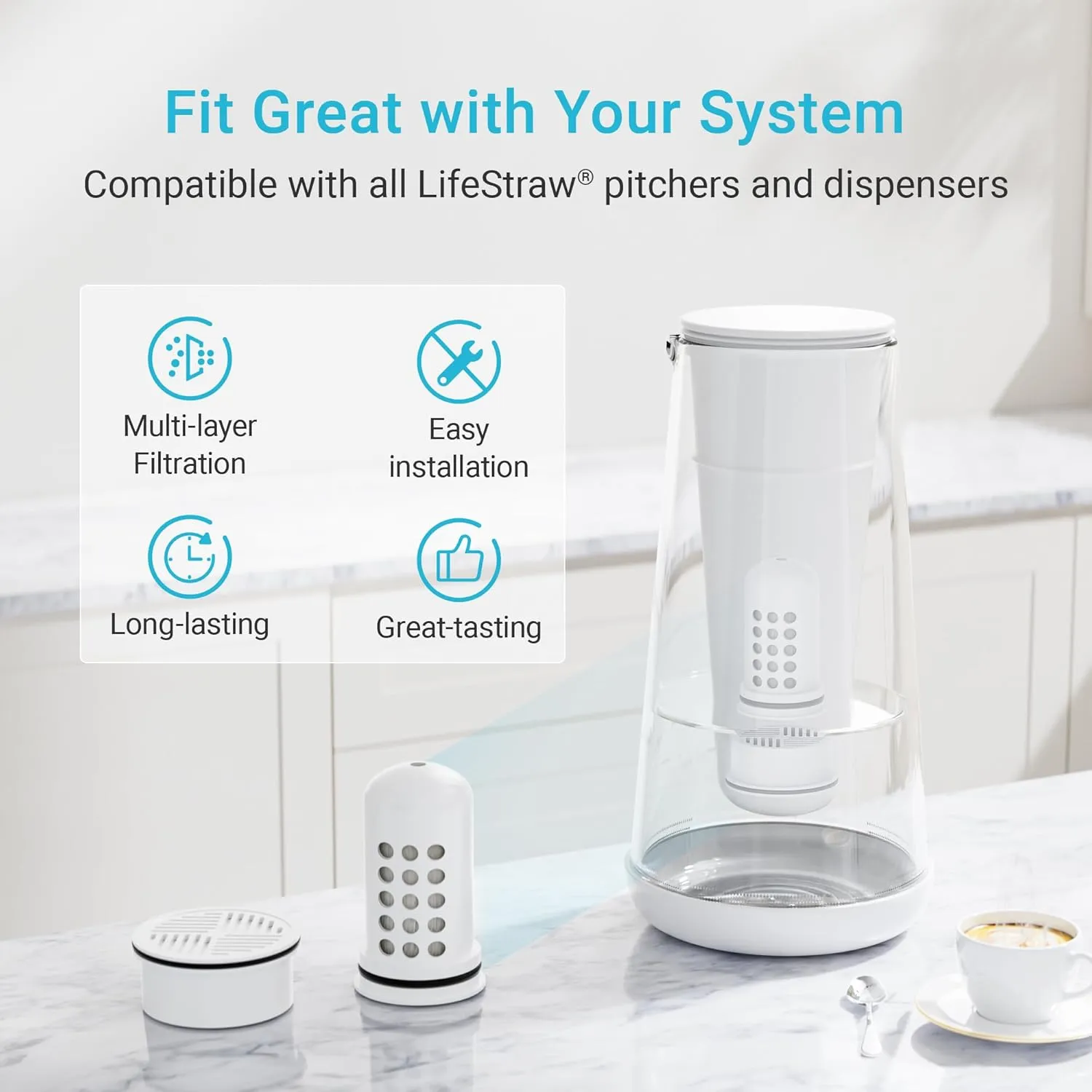 AQUA CREST Water Filter Compatible with Lifestraw Home Pitcher and Dispenser Systems, Replacement for Lifestraw Water Filter, Reduces Chlorine, 1 Membrane Micro Filter and 1 Activated Carbon Filter