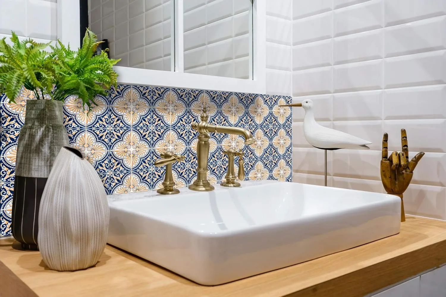 Backsplash Peel and Stick Tile Stickers 24 PC Set Authentic Tile Decals Bathroom & Kitchen Vinyl Wall Decals Easy to Apply Just Peel & Stick Home Decor (4x4 Inch, Blue Cream H16)