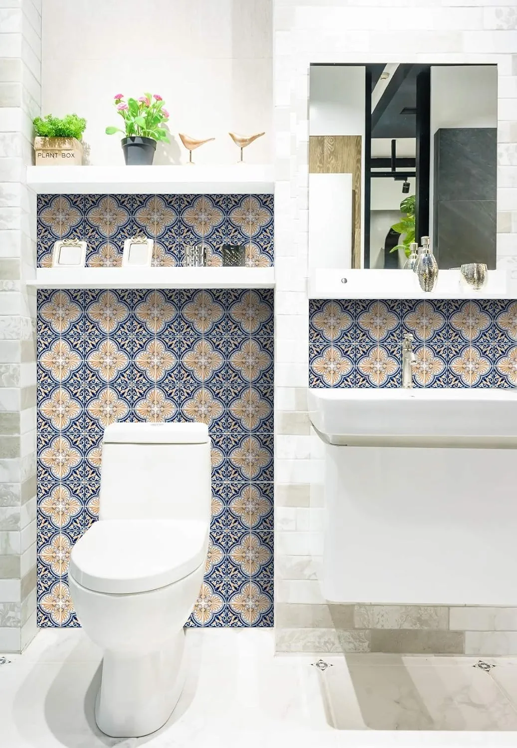Backsplash Peel and Stick Tile Stickers 24 PC Set Authentic Tile Decals Bathroom & Kitchen Vinyl Wall Decals Easy to Apply Just Peel & Stick Home Decor (4x4 Inch, Blue Cream H16)