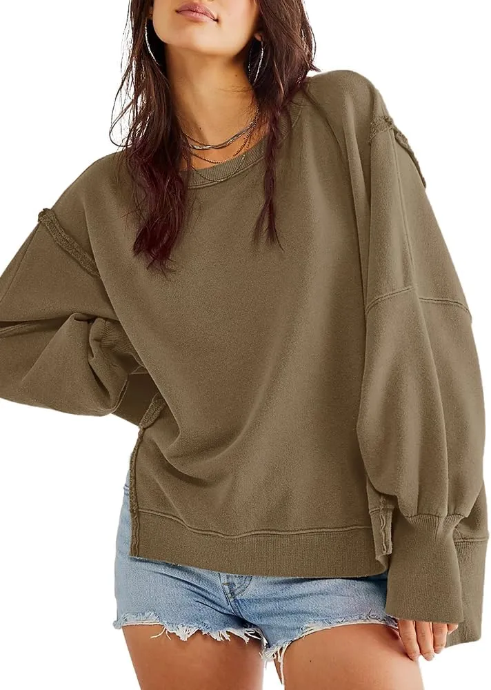 Beaully Women's Oversized Sweatshirts Crew Neck Long Sleeve Side Slit Pullovers Sweatshirt Casual Fall Clothes Sweater