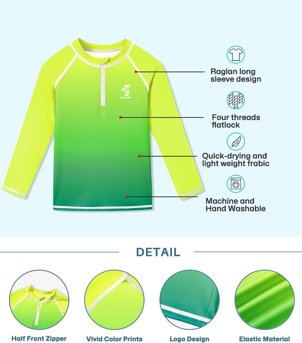 BesserBay Boys UPF 50  Half Zip Rash Guard UV Protection Raglan Long Sleeve Swim Shirt 4-12 Years