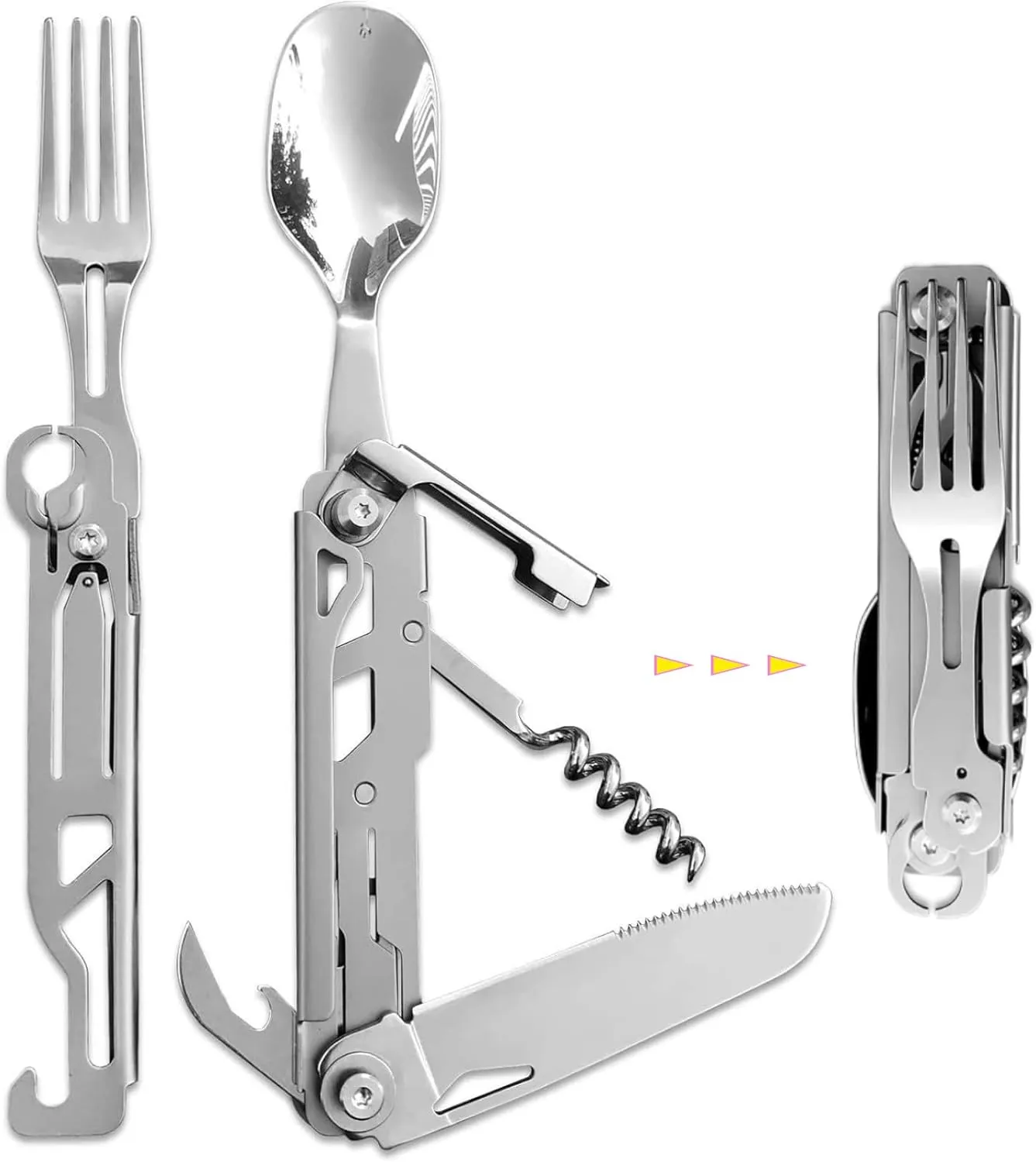 Camping- travel Utensils 5-in-1 Folding Flatware Set, travel Portable Detachable Stainless Steel Fork,Spoon, Knife, Wine Bottle and Can Opener Combo Set, Hiking, Multifunctional tableware by LEPANDA