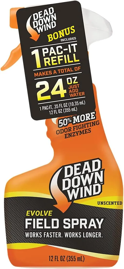 DEAD DOWN WIND Evolve 3D  Field Spray Botlle & Refill - Odor Control Hunting Scent Control Spray -Unscented, Long-Lasting Spray Refill -Easy to Use for Hunting Gear & Clothing (12oz Spray, 1 Refill)