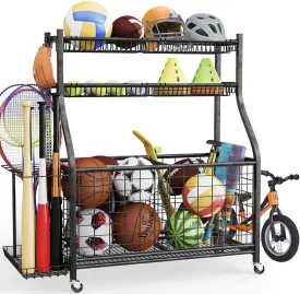 Garage Sports Equipment Organizer,Ball Storage With Four Baskets And Six Hooks,Sports Organizer For Garage,Heavy Duty Garage Organizer,Garage Storage,Garage Organization,Outdoor Toy Storage