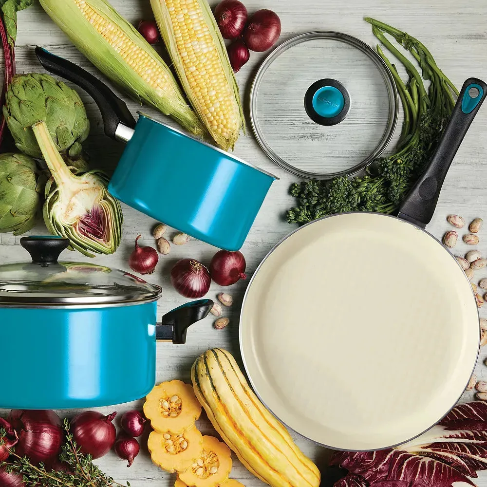 Go Healthy! Nonstick Cookware Pots and Pans Set with QuiltSmart Technology, 14-Piece - Aqua