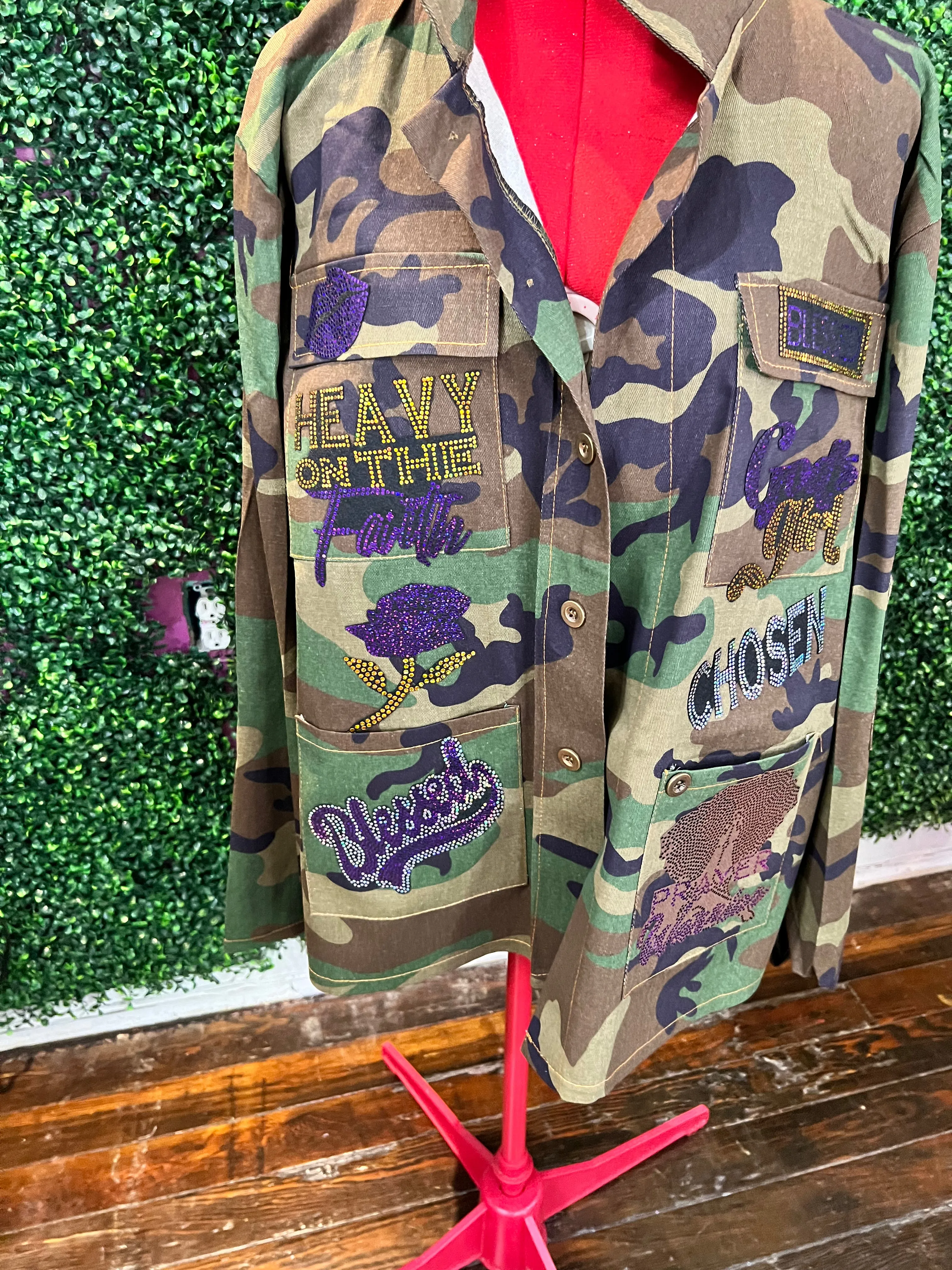 GOD DON’T PLAY ABOUT  ME CAMOUFLAGE BLING Patchwork JACKET