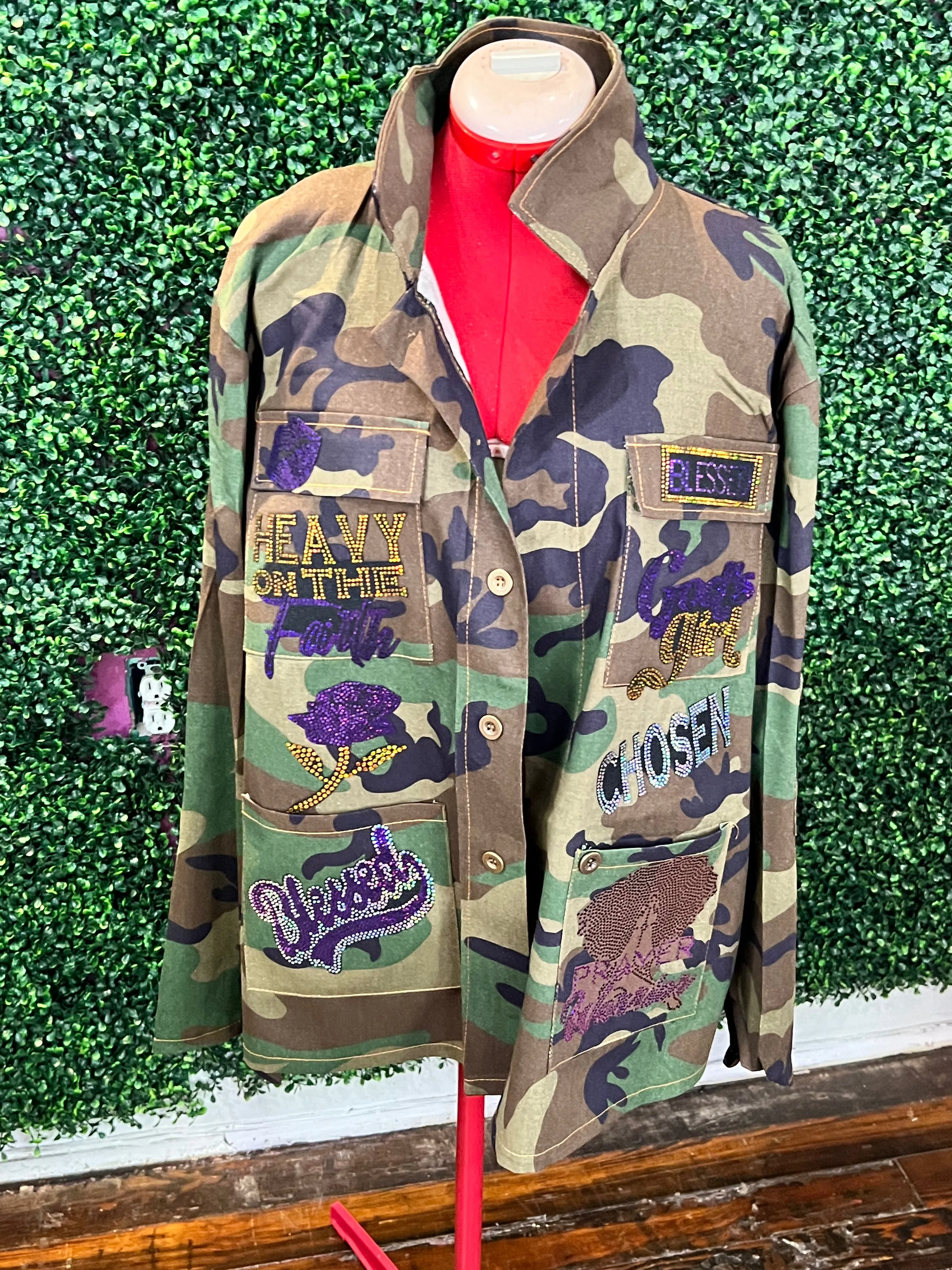 GOD DON’T PLAY ABOUT  ME CAMOUFLAGE BLING Patchwork JACKET