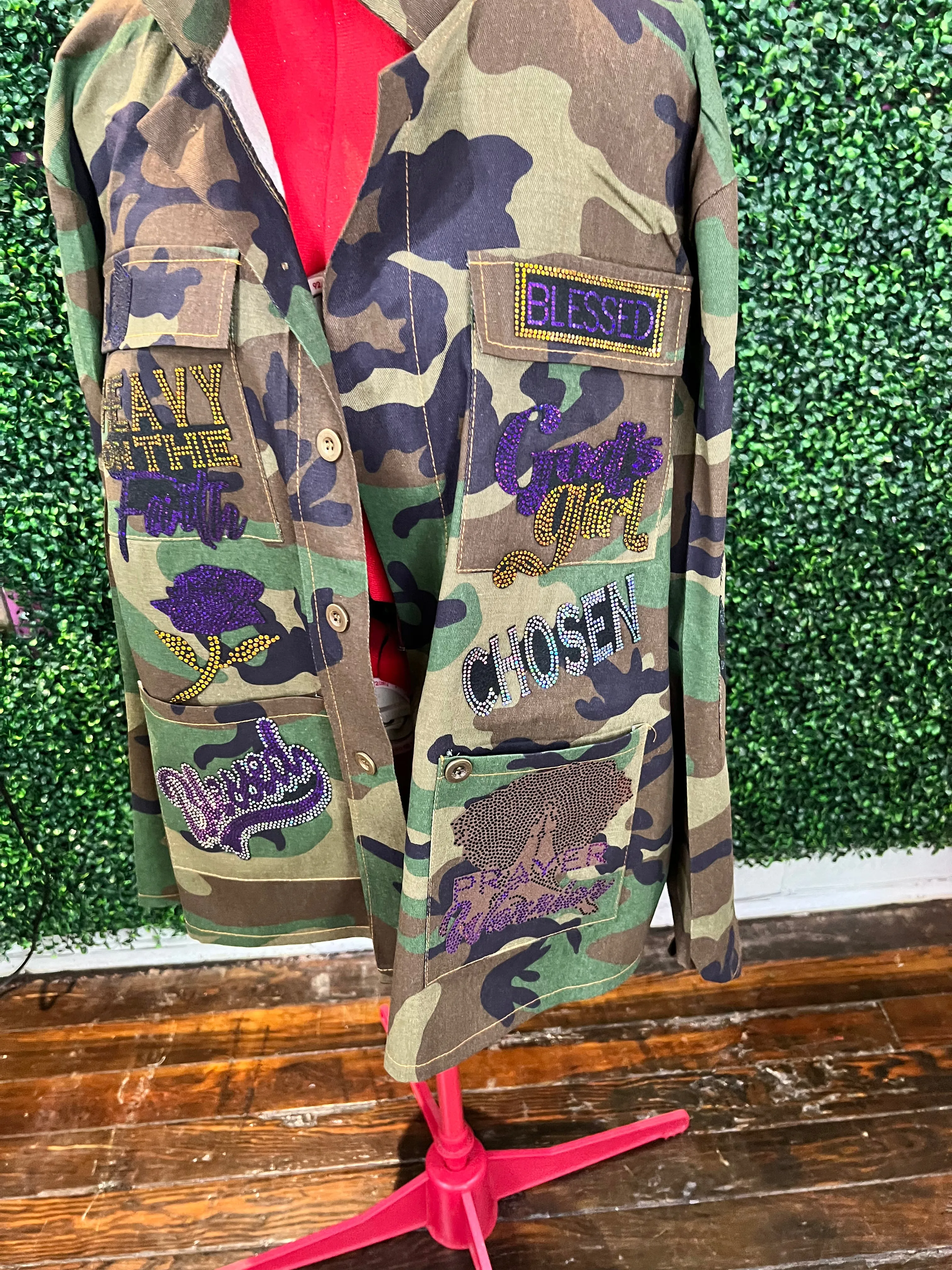 GOD DON’T PLAY ABOUT  ME CAMOUFLAGE BLING Patchwork JACKET