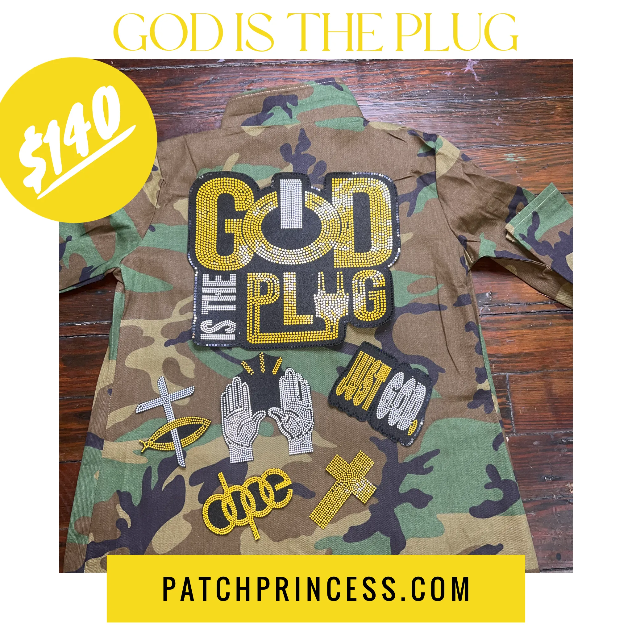 GOD IS THE PLUG CAMOUFLAGE BLING Patchwork JACKET