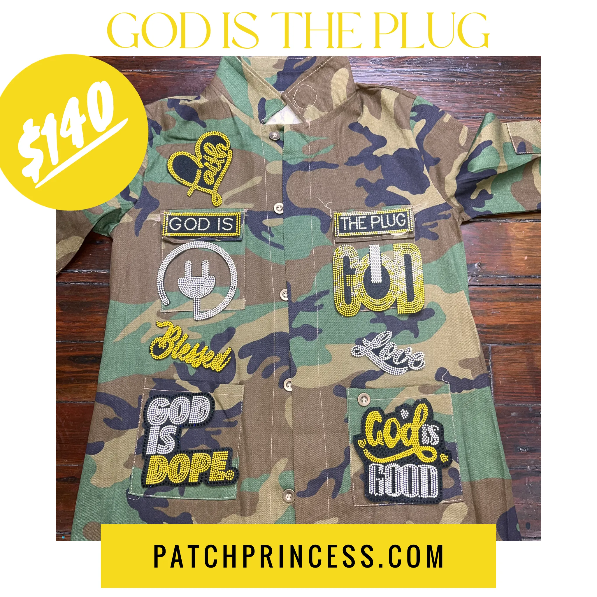 GOD IS THE PLUG CAMOUFLAGE BLING Patchwork JACKET