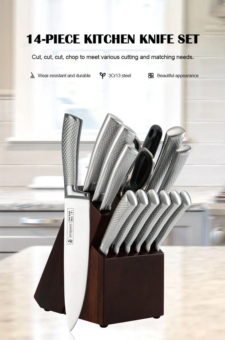 Kitchen Knife Set with Block, 14-Piece 3CR13 Stainless Steel Knife Set, Dishwasher Safe Kitchen Knives,Chef Knife Set with Sharpener, Ergonomic Handle