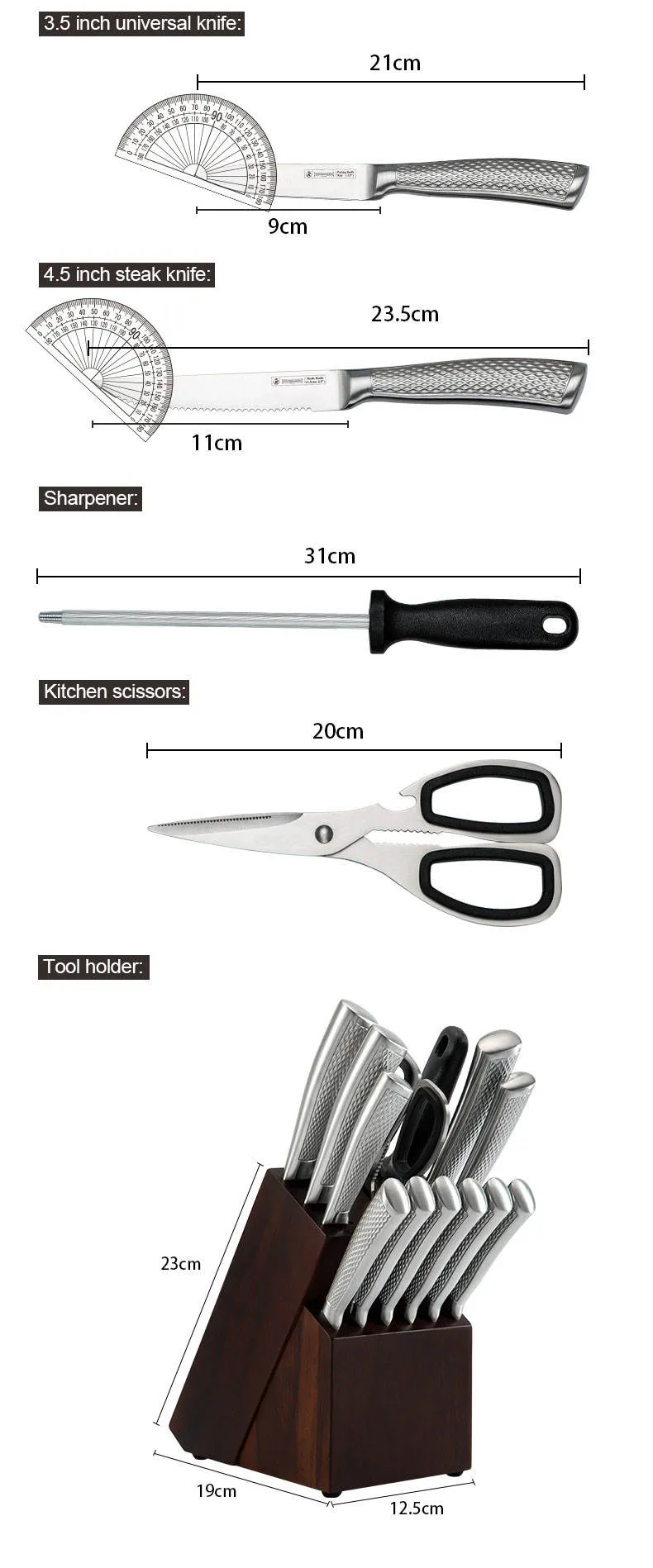 Kitchen Knife Set with Block, 14-Piece 3CR13 Stainless Steel Knife Set, Dishwasher Safe Kitchen Knives,Chef Knife Set with Sharpener, Ergonomic Handle