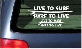 Live to Surf White Decal Vinyl Sticker for Surfing Fans Window Sticker