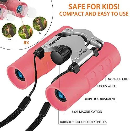 Obuby Real Binoculars for Kids Gifts for 3-12 Years Boys Girls 8x21 High-Resolution Optics Mini Compact Binocular Toys Shockproof Folding Small Telescope for Bird Watching,Travel, Camping, Rose Red