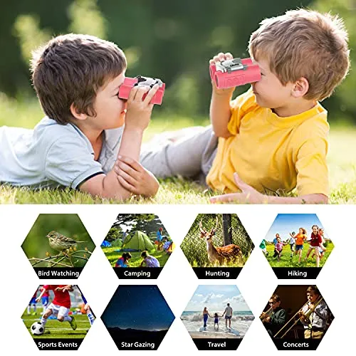 Obuby Real Binoculars for Kids Gifts for 3-12 Years Boys Girls 8x21 High-Resolution Optics Mini Compact Binocular Toys Shockproof Folding Small Telescope for Bird Watching,Travel, Camping, Rose Red