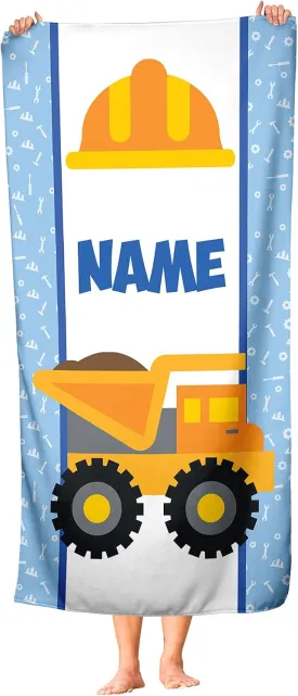 Personalized Construction Truck Polycotton Towel for Kids - Boys Girls Baby Toddlers Infants Classic Dump Toy Trucks Theme Towels for Beach Bath Athletic or Kitchen (Beach Towel 70"x35")