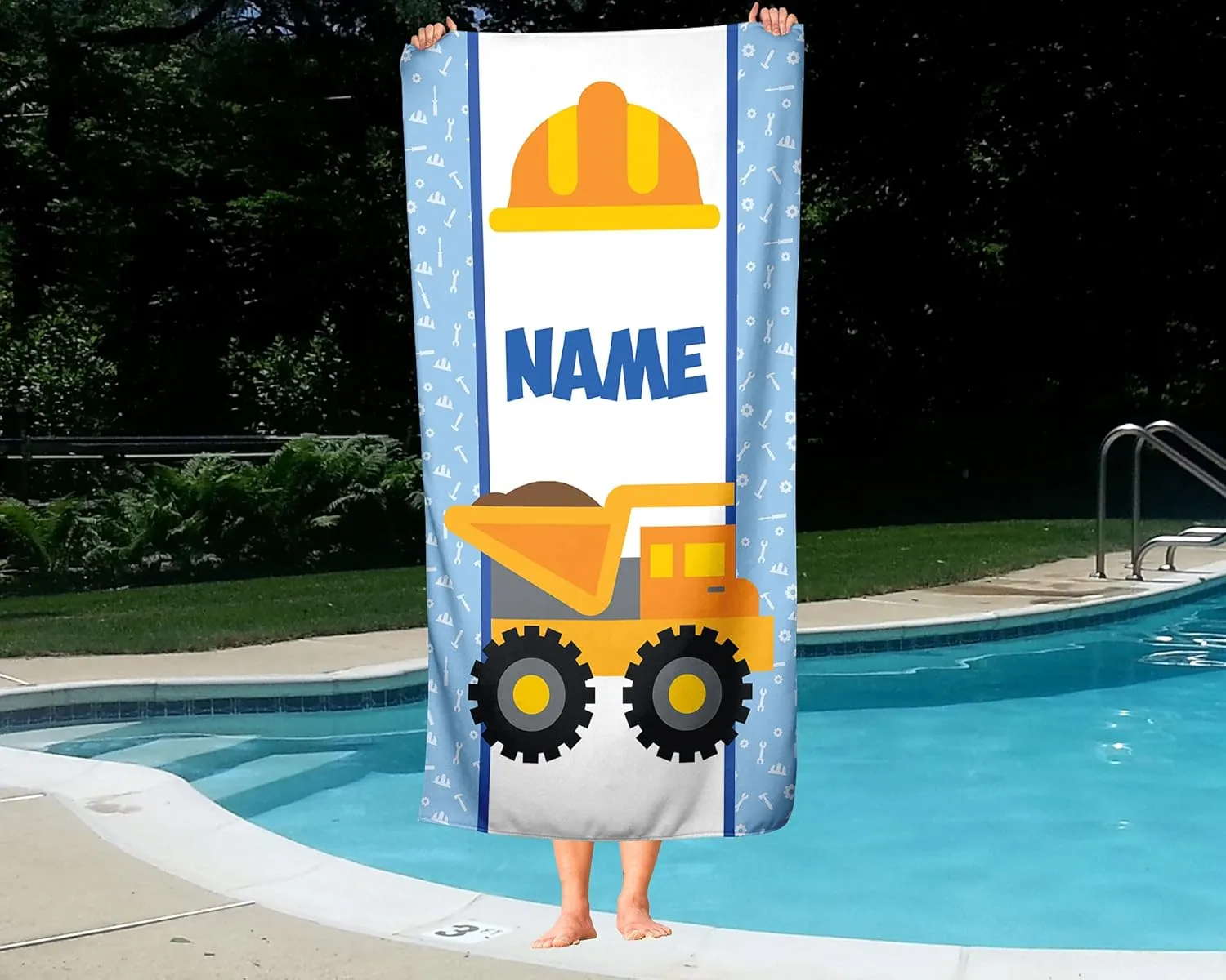 Personalized Construction Truck Polycotton Towel for Kids - Boys Girls Baby Toddlers Infants Classic Dump Toy Trucks Theme Towels for Beach Bath Athletic or Kitchen (Beach Towel 70"x35")