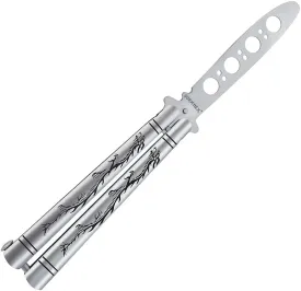 Practice Butterfly knife Trainer with Sure Spring Latch, Full Stainless Steel Black Dull Balisong, Unsharpened Butterfly knives Comb for CSGO Training(Silver)