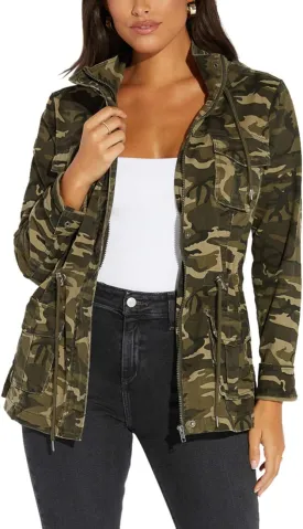 SheKiss Womens Camouflage Shacket Jacket Coats Fashion Fall Long Sleeve Zipper Canvas Camo Jackets with Pockets