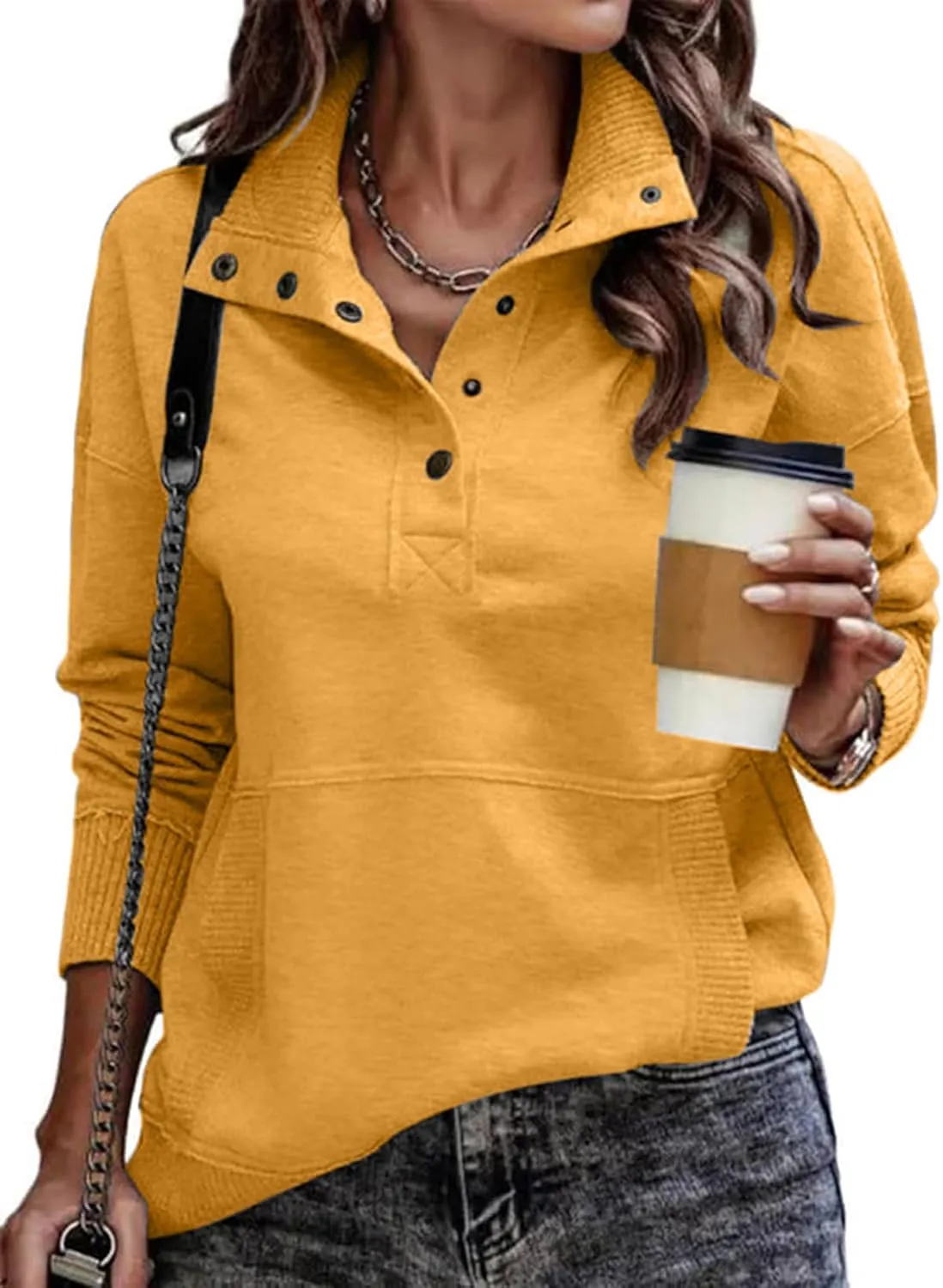 SHEWIN Womens Sweatshirt Casual Long Sleeve Lightweight Sweatshirts Button Loose Pullover Tops