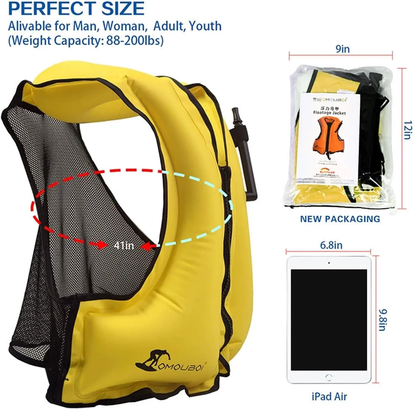 Snorkel Vest for Adults, Inflatable Snorkeling Vest, Swim Jackets, Inflatable Safety Float Jackets for Women/Men, 40-100kg, Swimming Vests for Kayaking, Paddle Boarding, Fishing, Surfing