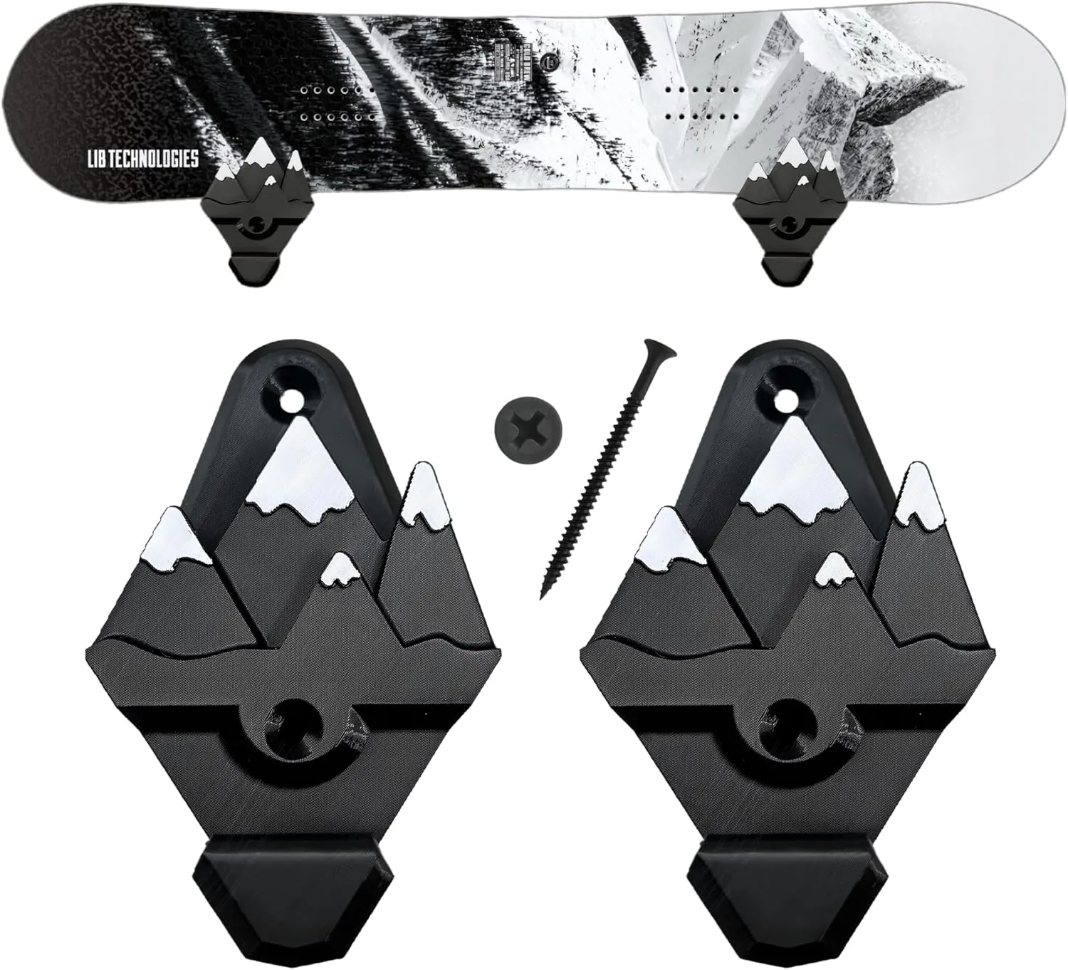 Snowboard Wall Mount with Hooks, Universal Design, Snowboard Rack, Space Saver, Wall Art (Black & White Mountains)