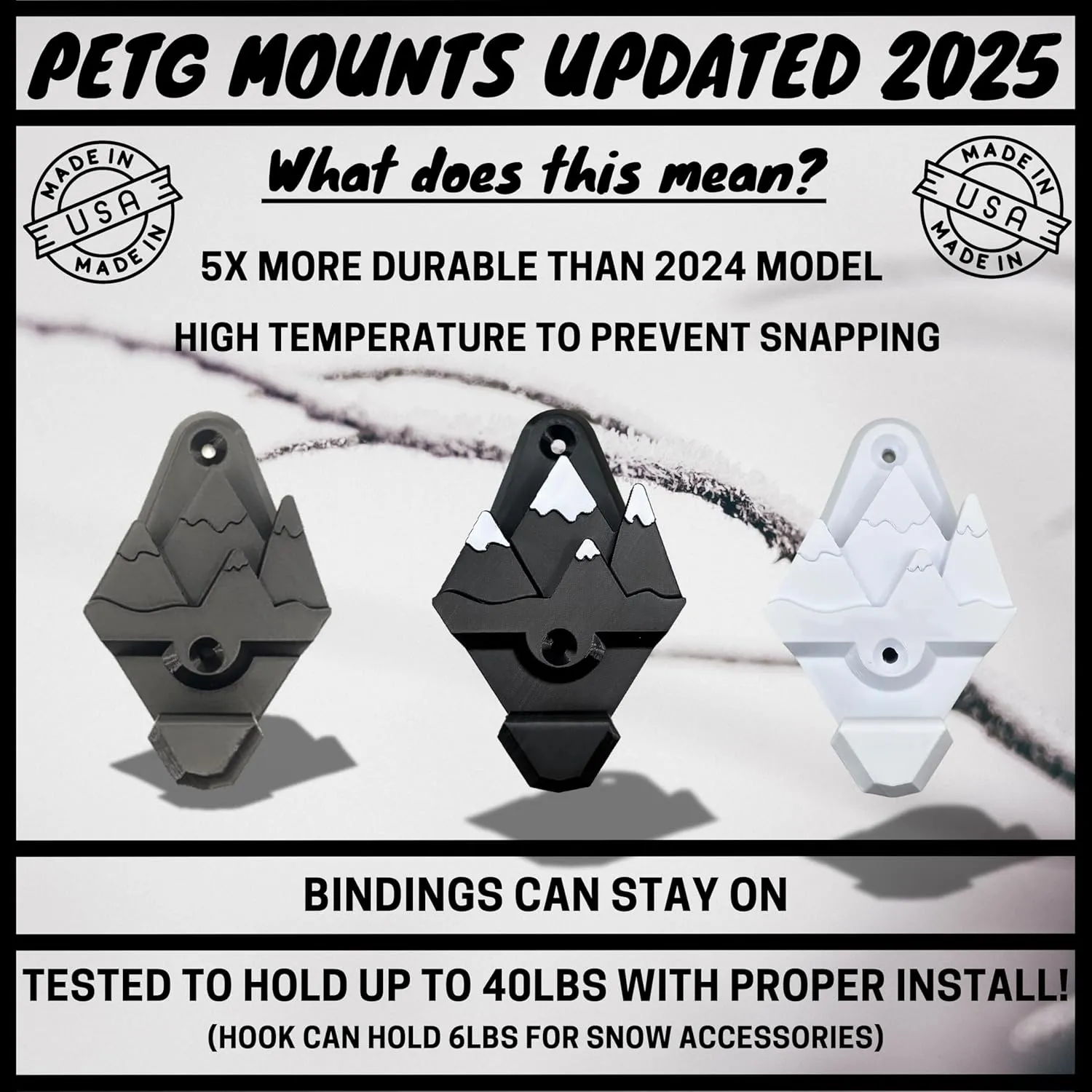 Snowboard Wall Mount with Hooks, Universal Design, Snowboard Rack, Space Saver, Wall Art (Black & White Mountains)