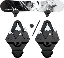 Snowboard Wall Mount with Hooks, Universal Design, Snowboard Rack, Space Saver, Wall Art (Black & White Mountains)