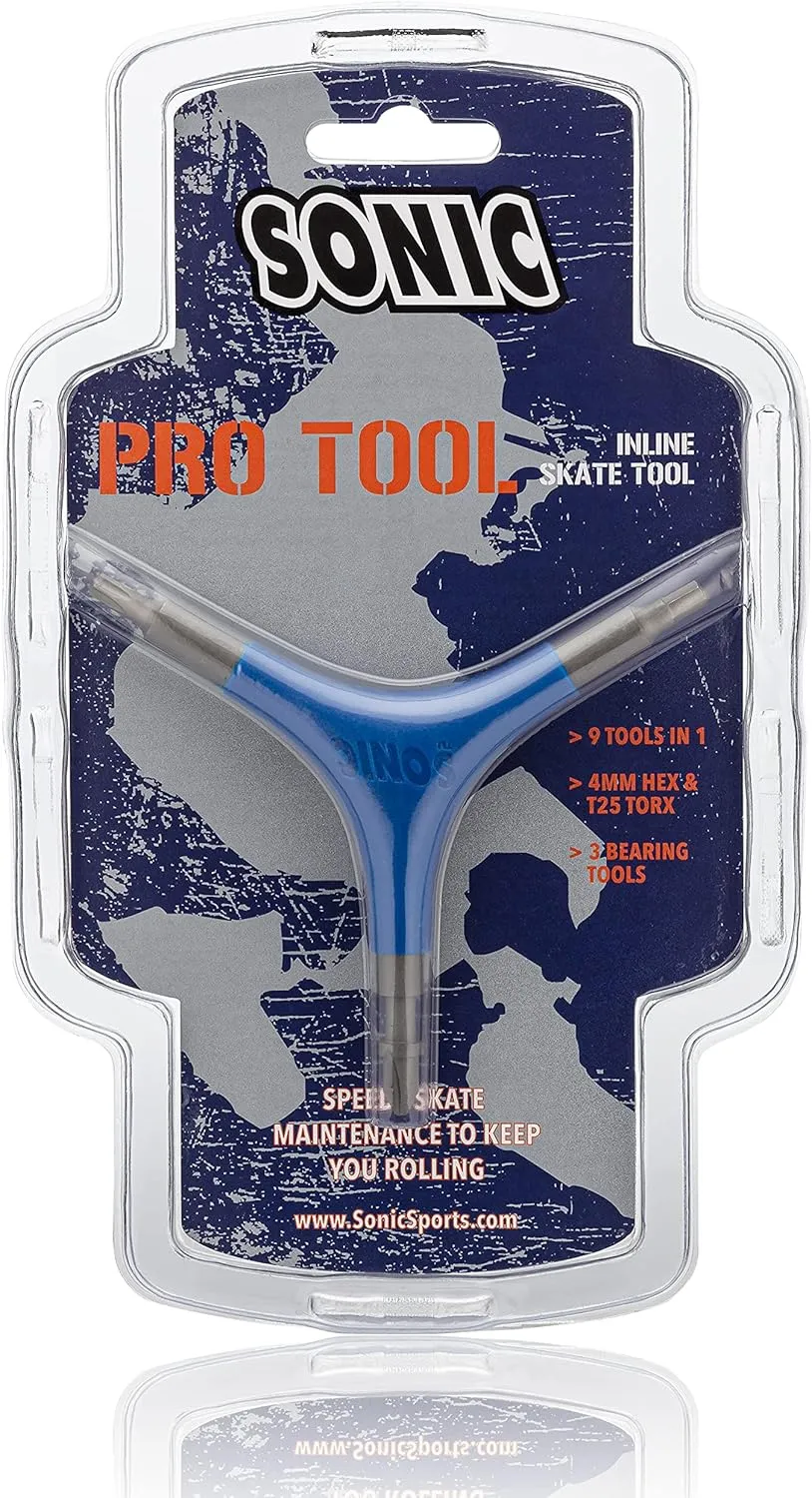 SONIC Pro Tool for Inline Skates, 9 Tools, 4 mm Hex and T25 Torx, Rotate Wheels, Bearing Pusher and Extractor, Designed in USA