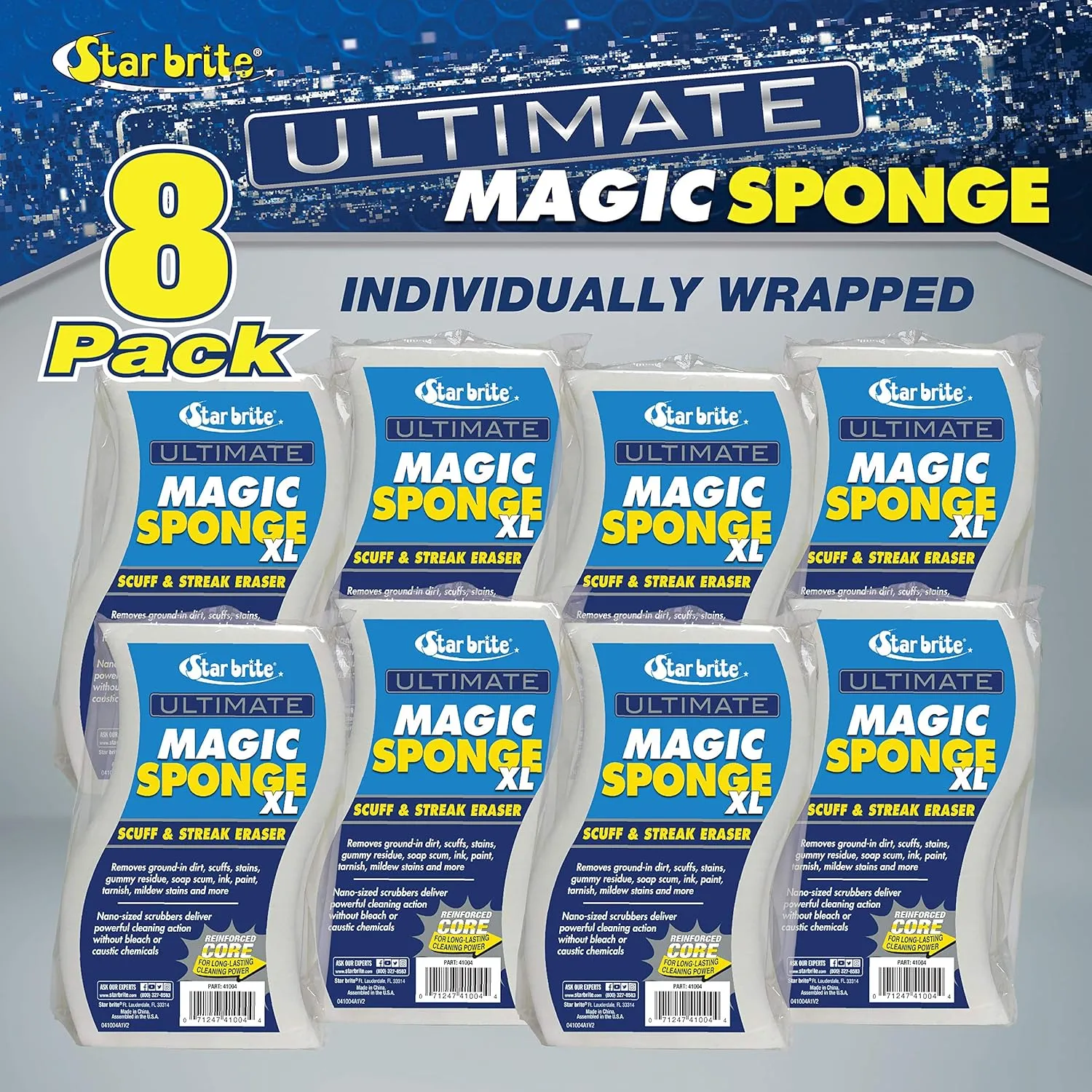 STAR BRITE XL Magic Sponge - 8 Pack - Extra Large, Long Lasting, Premium Melamine Boat Scuff Eraser - Multi-Purpose Scrubber - Bathroom, Kitchen, Floor, Bathtub, Toilet, Baseboard, Wall Cleaner