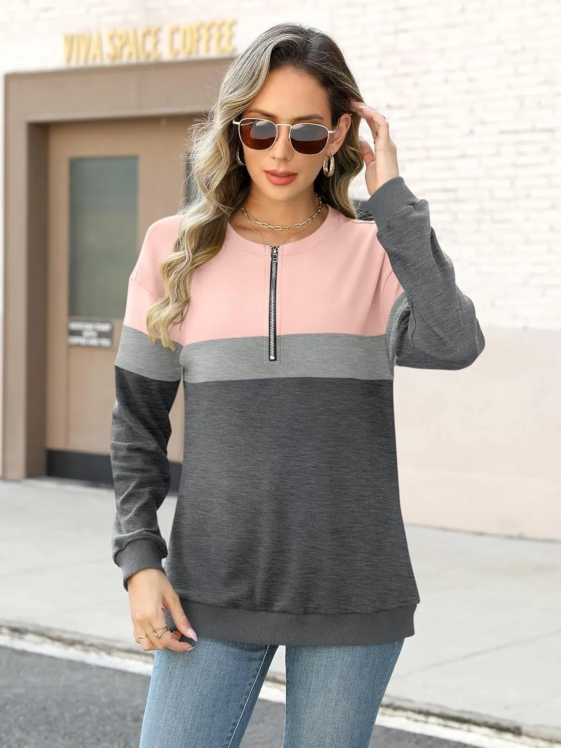 Womens Long Sleeve Shirts Half Zip Sweatshirts Quarter Zipper Fall Tops Pullover