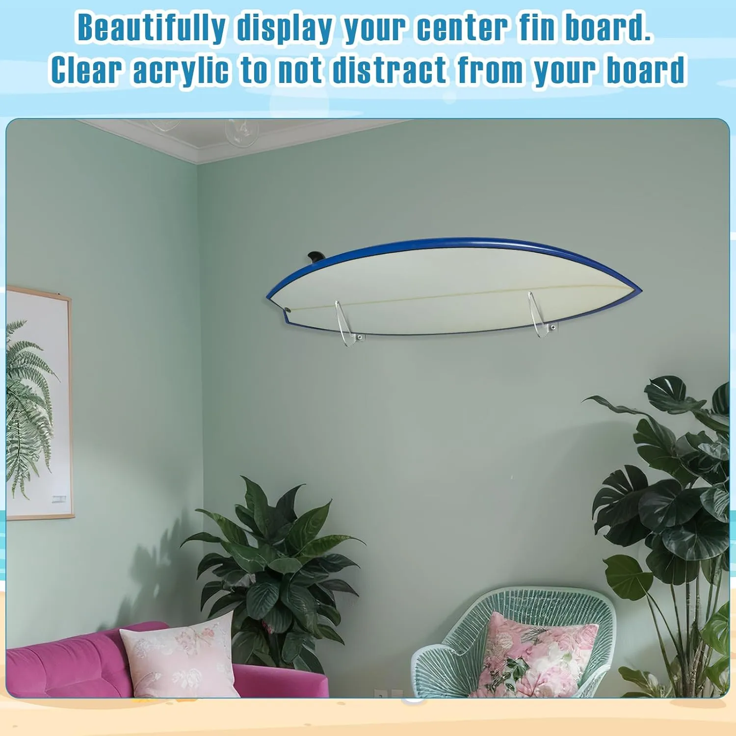 Yousoontic 2 Sets Surfboard Wall Mount Rack Clear Acrylic Surf Board Wall Display Vertical Surfboard Rack Storage Holder for Surfboards Short Boards Holds 50 Lbs
